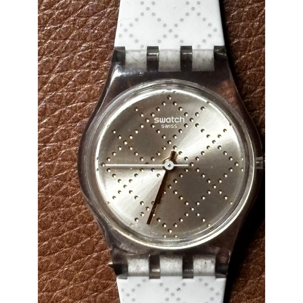 Working Swatch Swiss Quartz Watch White Diamond Textured Strap Clear Case W/ Box